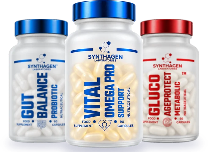 Nutraceutyki Synthagen: Vital Omega Pro, Gut Balance i Gluco Ageprotect
